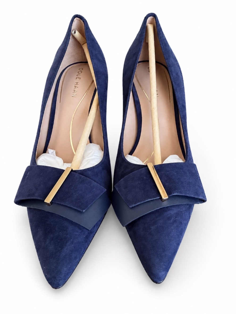 Cole Haan Felicia Bow Pumps Navy Suede Gold Accent Size 8B - Picture 4 of 8